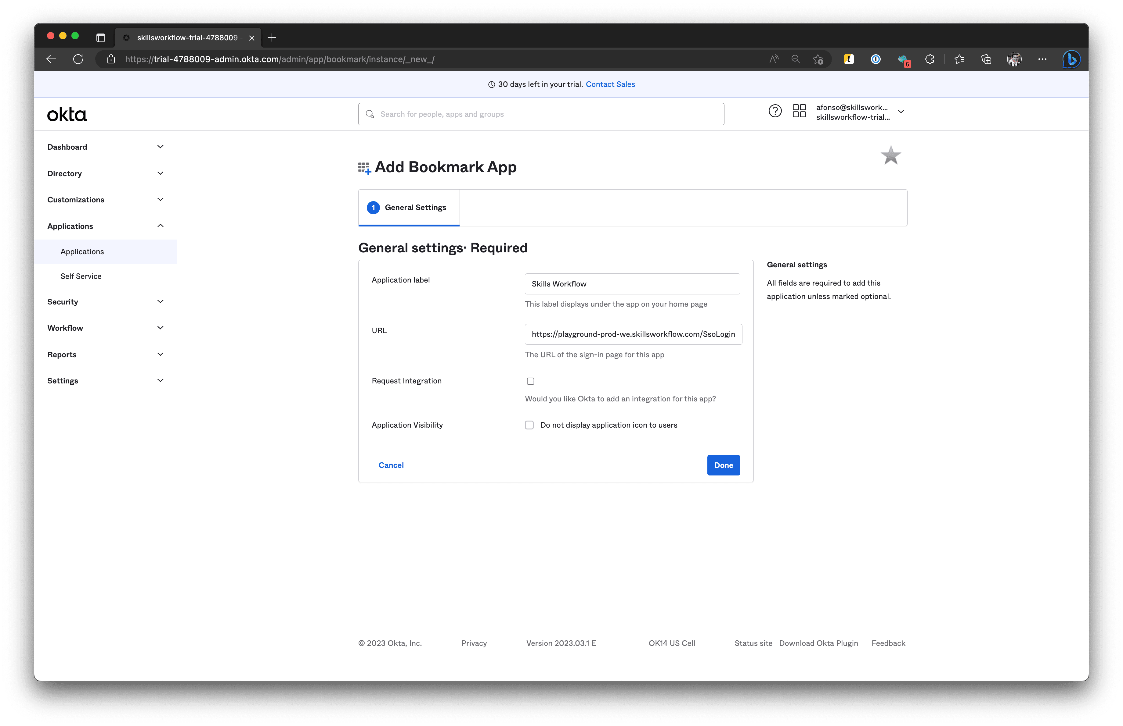Screenshot shows Okta App Visibility.