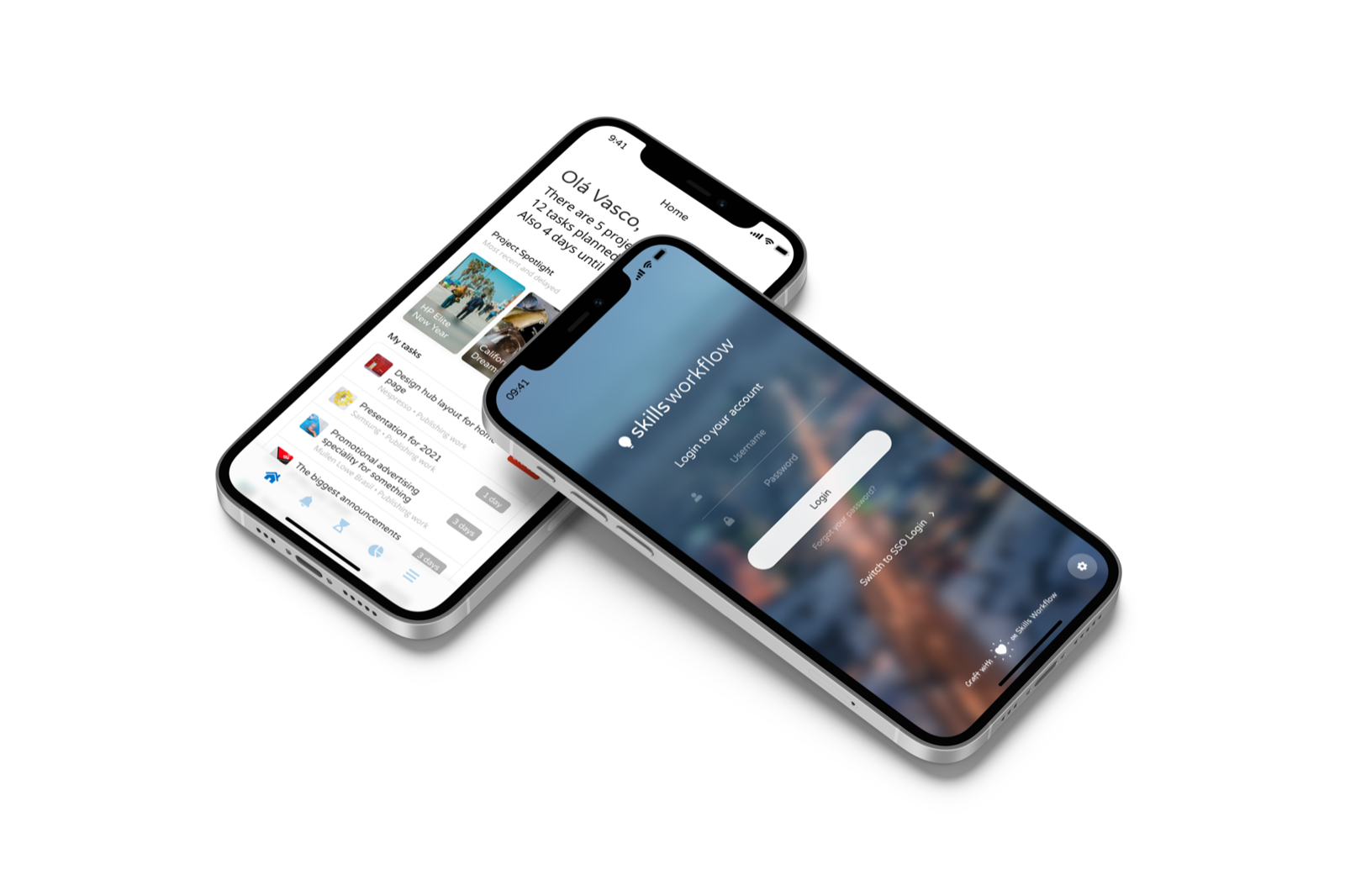 Two phones showing the Skills Workflow mobile app — a sign-in screen and a personal home feed.