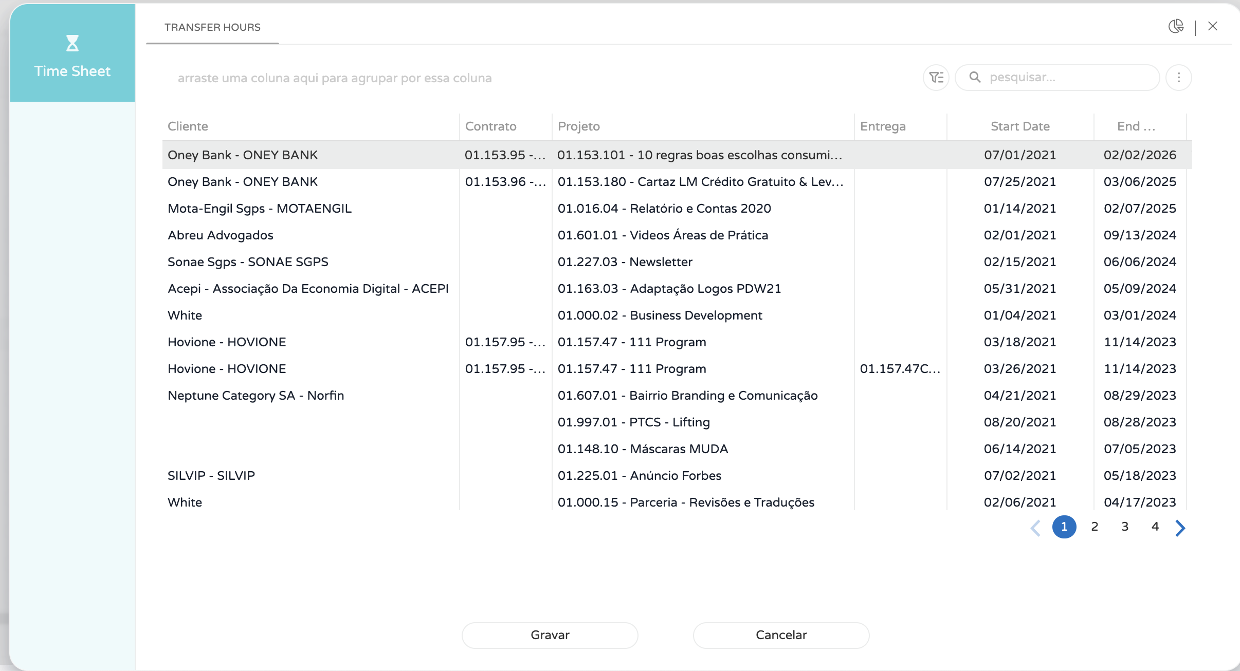 Transfer Hours popup with a destination project or job selected