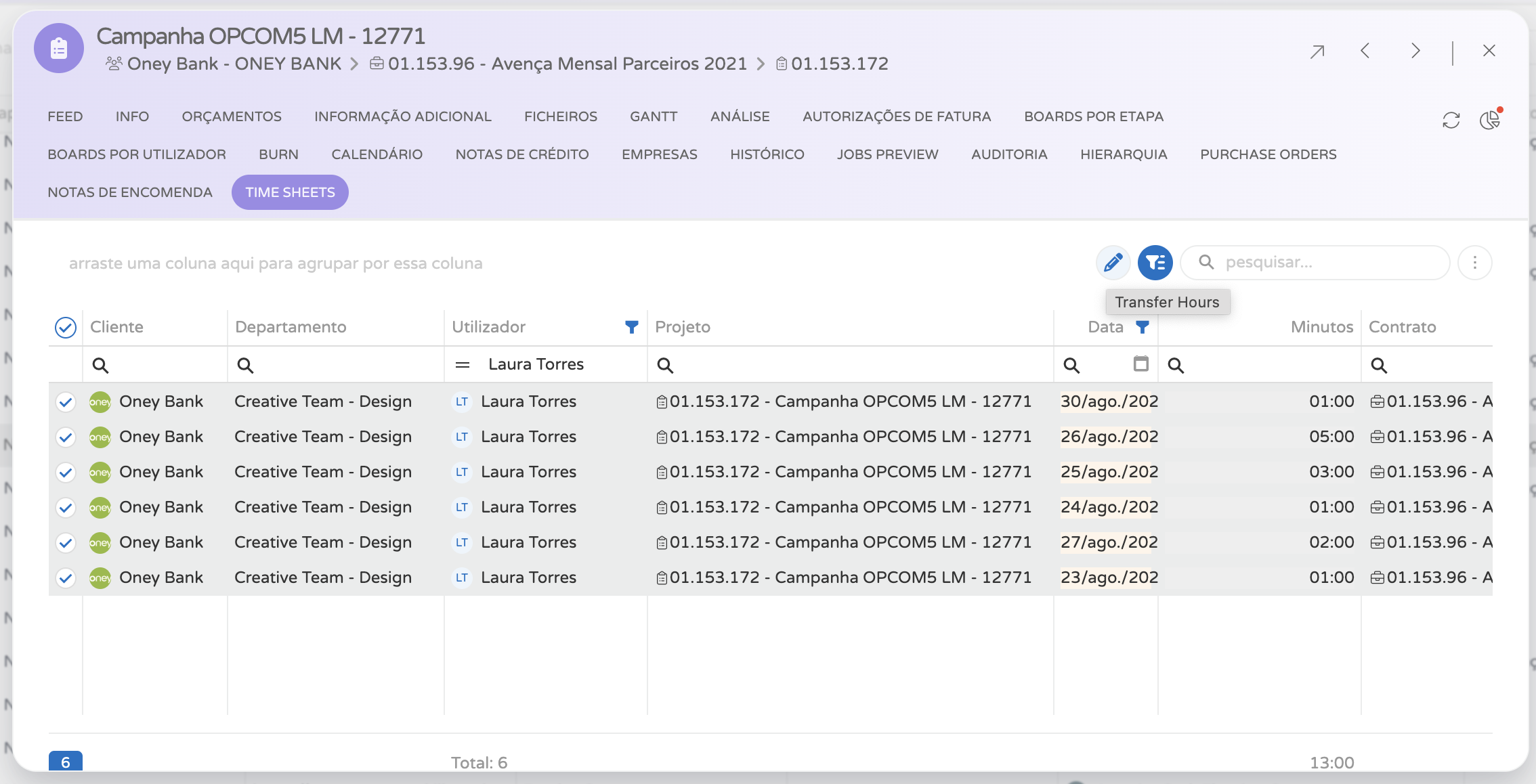 Time Sheets workspace with timesheet rows selected for transfer