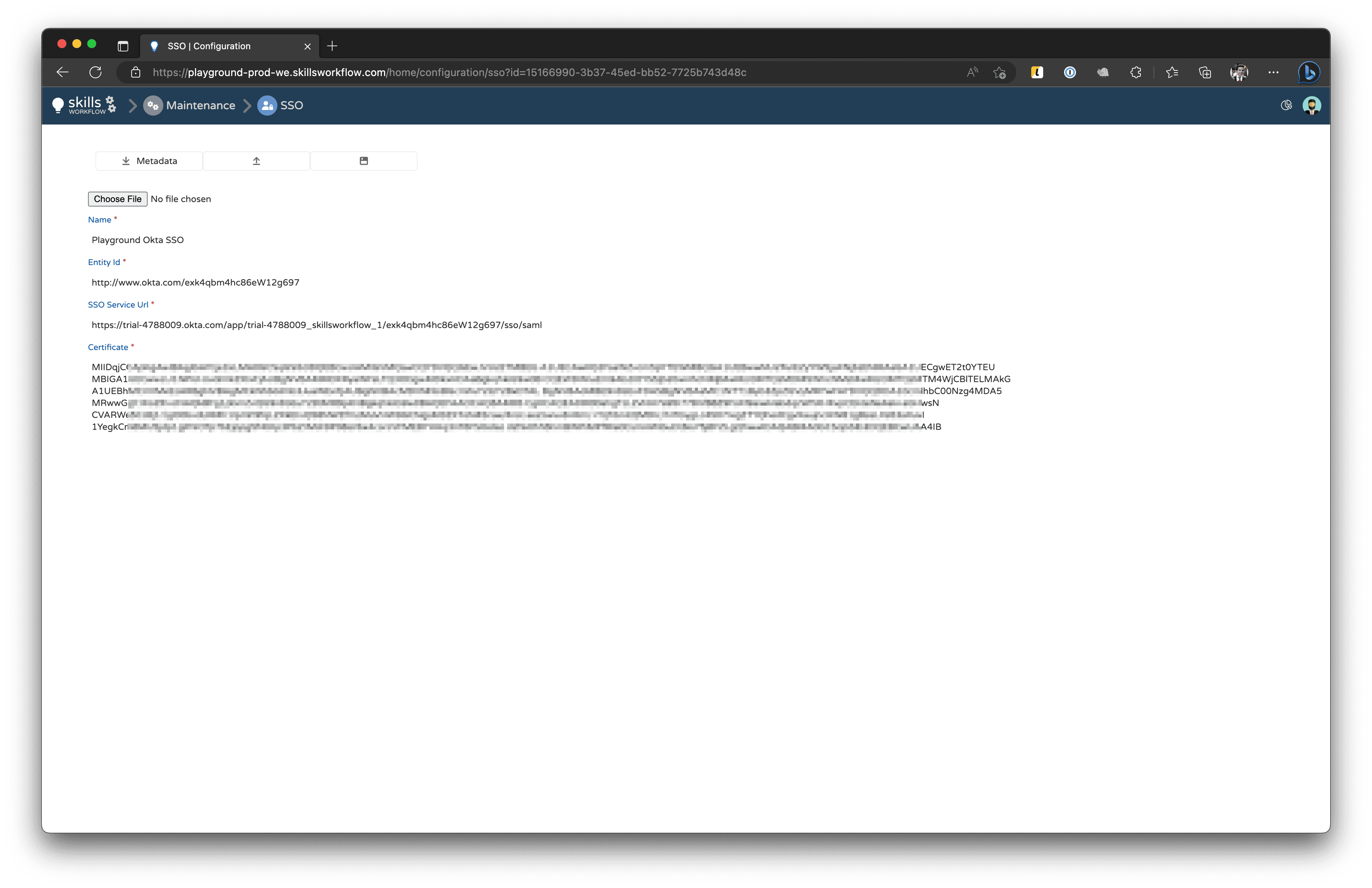 Screenshot shows Skills Workflow SSO Configuration.