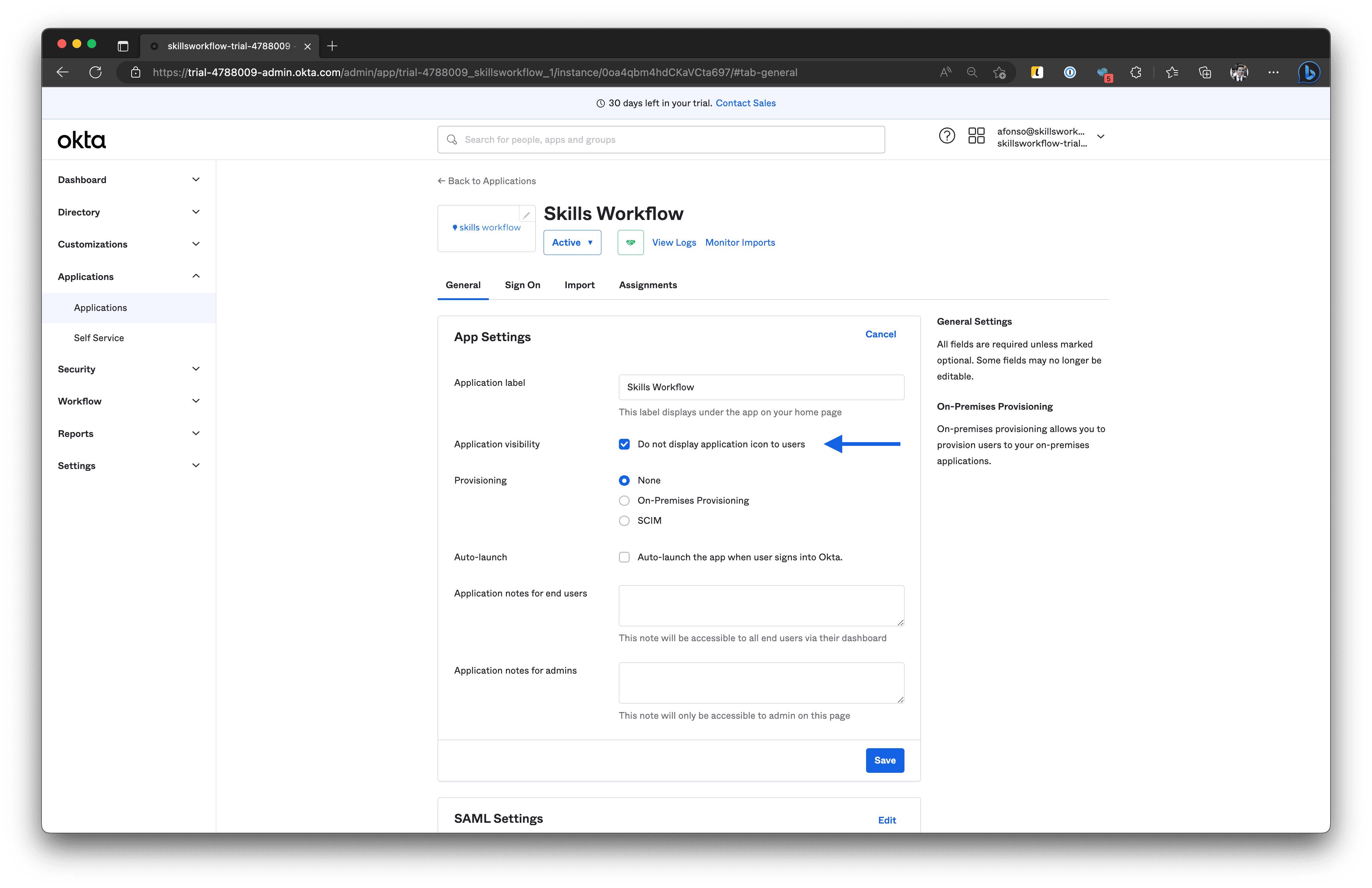 Screenshot shows Okta App Visibility.