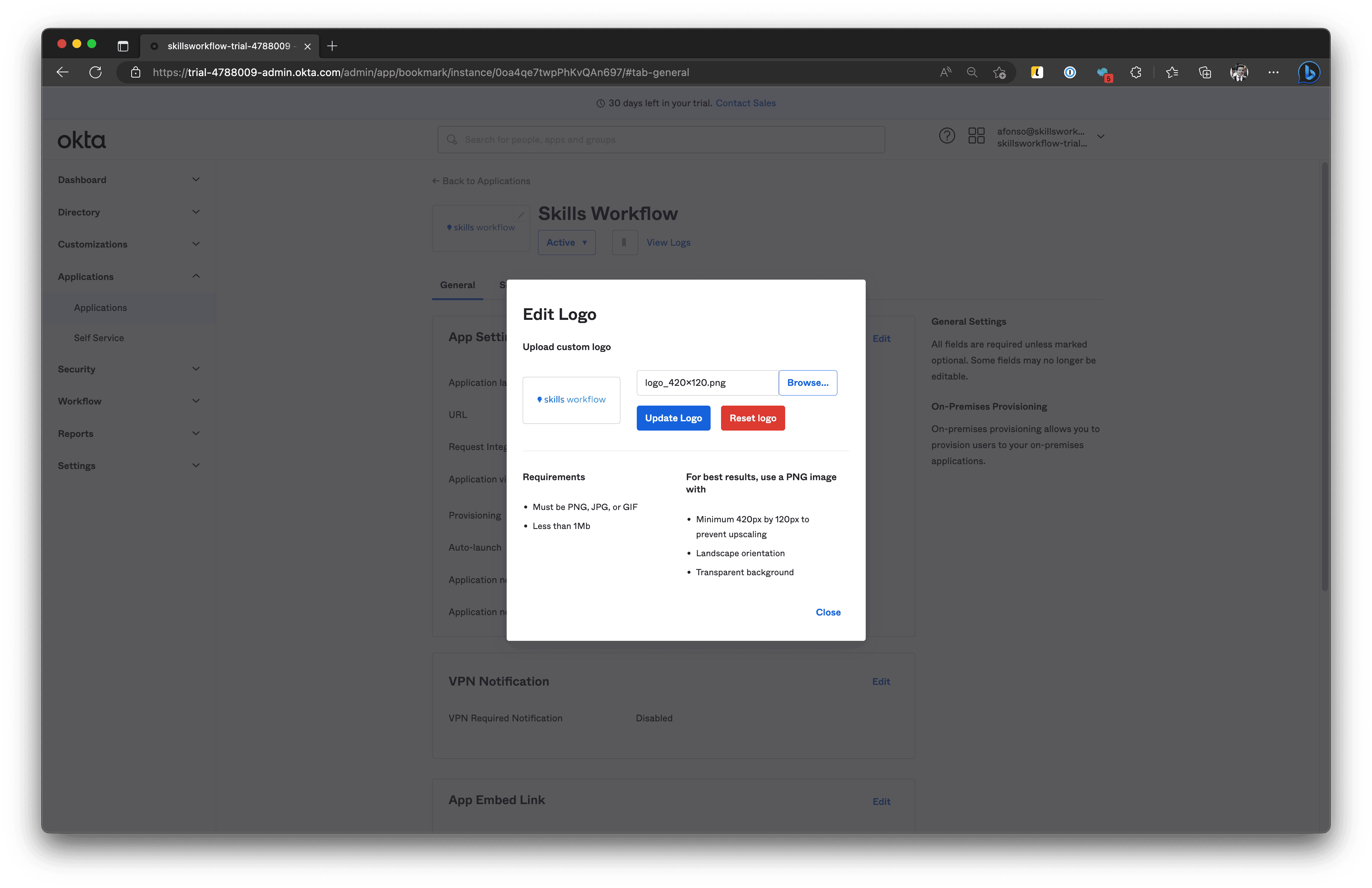 Screenshot shows Okta App Visibility.